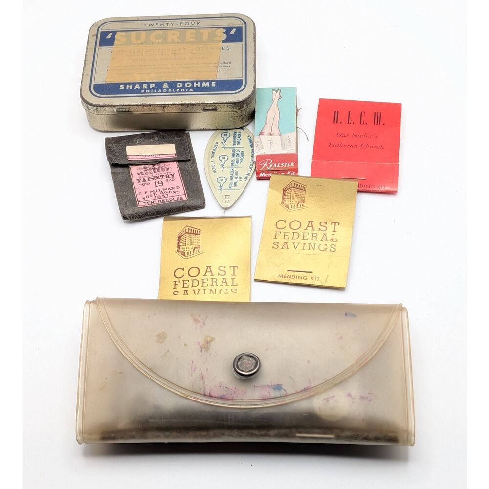 Vintage Sewing Notions Lot RealSilk Hosiery Mending Kits Needles Thread Buttons